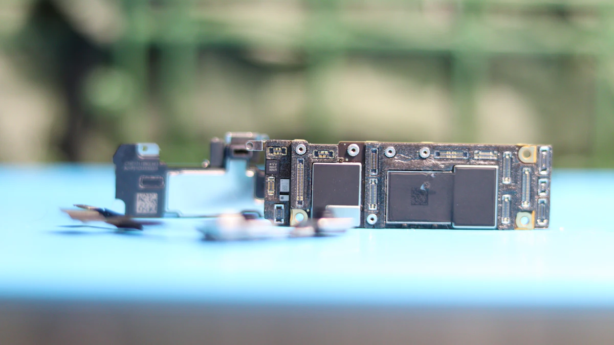 Close-up of a phone circuit board during repair